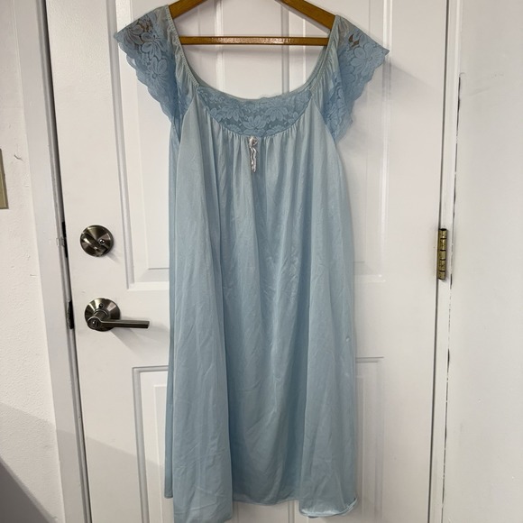 Other - VTG Chiffon Blue Nightgown Nylon Blue Lace Trim Size S/M 60s,70s